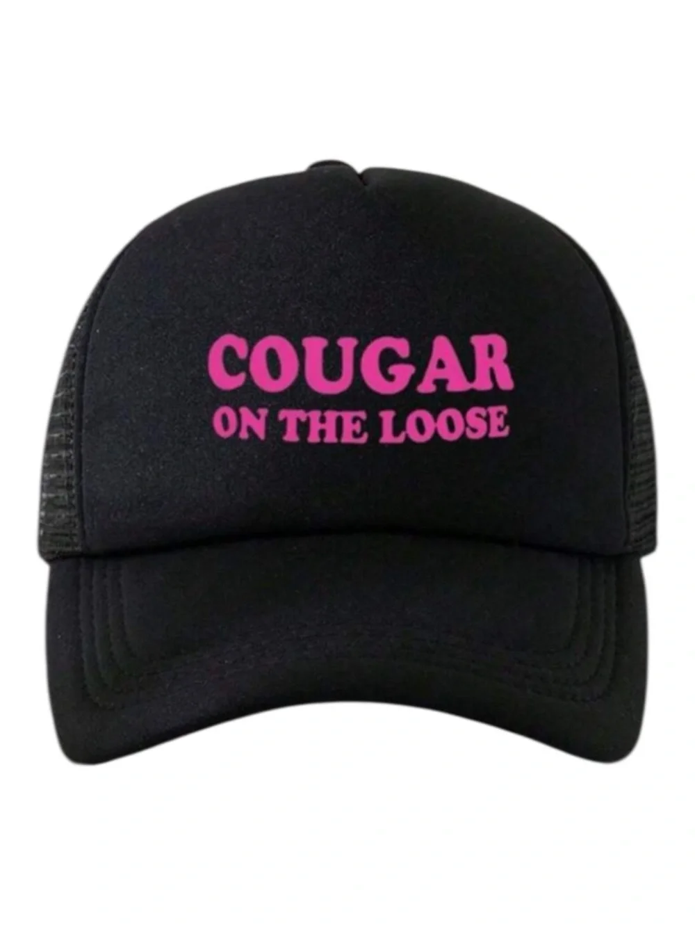 🪷 “Cougar On The Loose” Black Trucker Hat with Pink Text